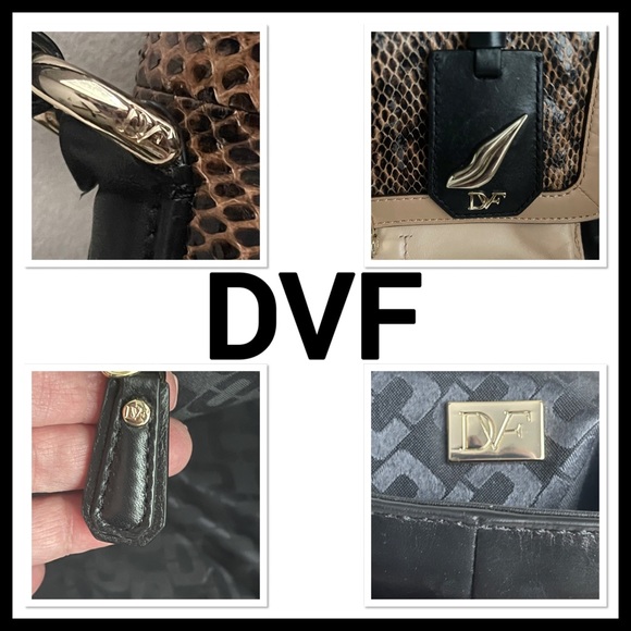 DVF Genuine Leather Snakeskin Print Satchel Bag - Black & Tan - Picture 13 of 16